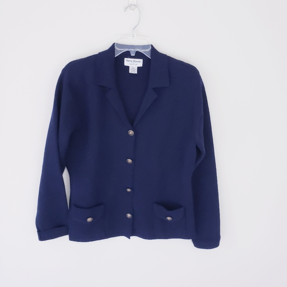 Rena Rowan Vintage 90s Navy Blue Knit Blazer Accent Buttons Medium